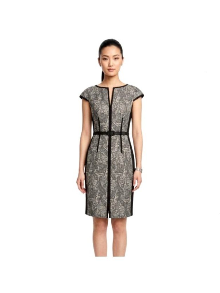 Etcetera Paisley Dress 2 Cap Sleeve Sheath Gray Color Block Midi Career Work